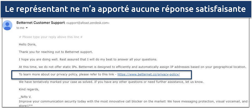 Screenshot of an email response from Bettenet customer support with vague answer