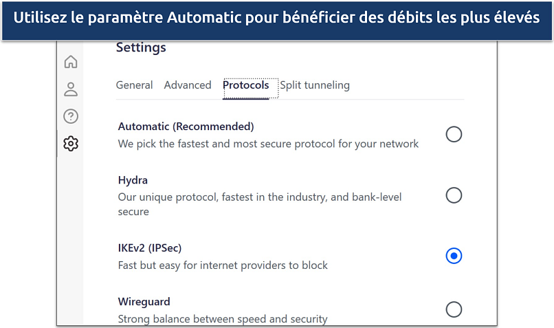 Screenshot of Betternet's Windows app highlighting the security protocols