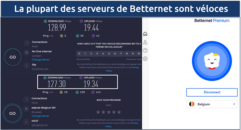 Screenshot of a speed chart showing rates on a variety of Betternet VPN's international servers