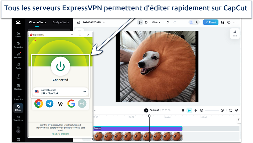 Screenshot showing CapCut working with ExpressVPN