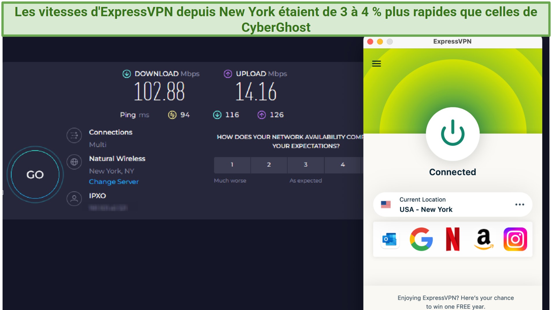 Screenshot showing the ExpressVPN app connected to a server in New York over an online speed test