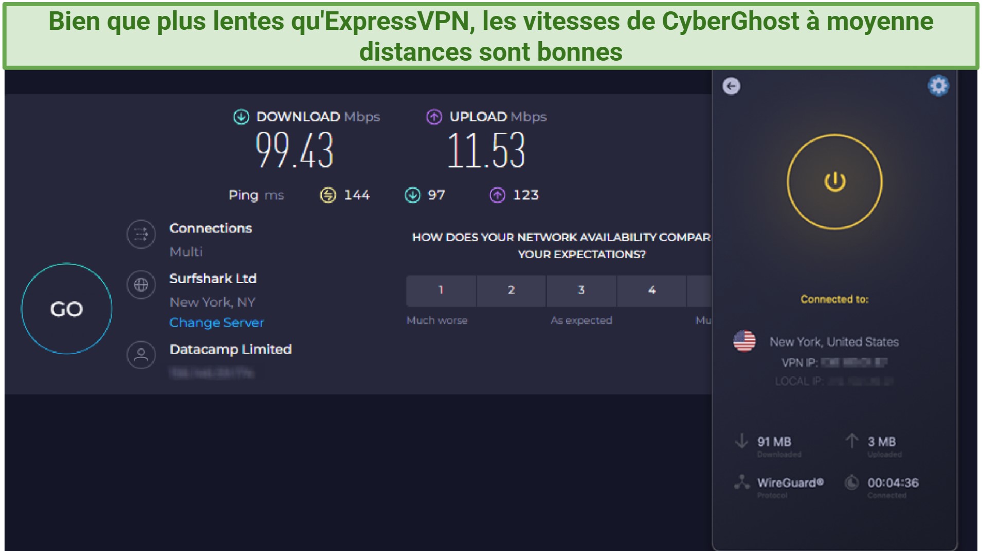 Screenshot showing the CyberGhost app connected to a server in New York over an online speed test