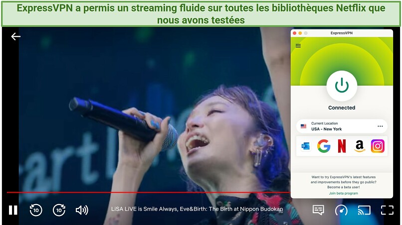 Screenshot showing the ExpressVPN app connected to a server in New York over a browser streaming Netflix US