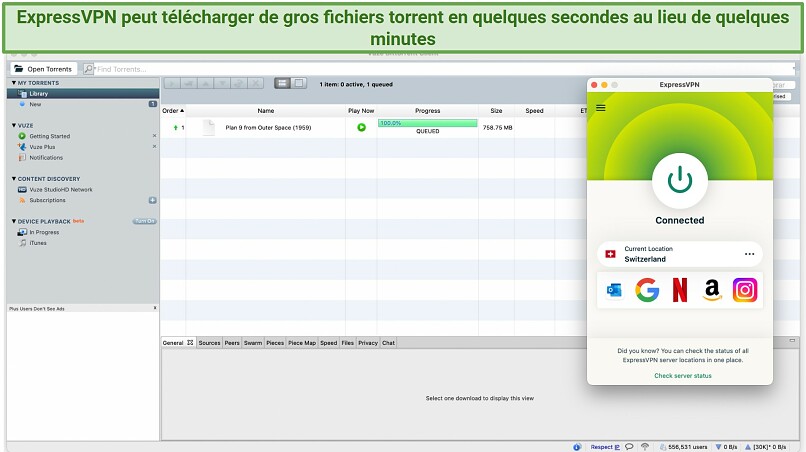 Screenshot showing the ExpressVPN app connected to a server in Switzerland over Vuze torrent downloading client