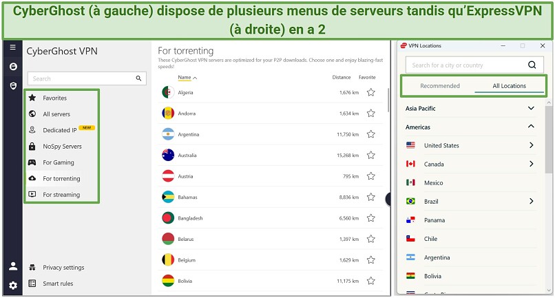Side-by-side screenshots of CyberGhost and ExpressVPN's server menus on their Windows apps