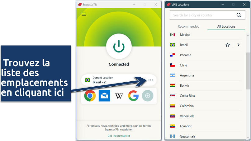 Screenshot of ExpressVPN's Windows app connected to a Brazil IP address