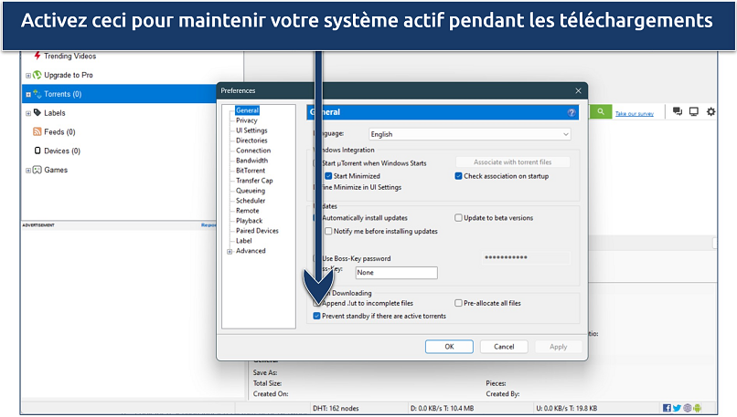 Screenshot of uTorrent's General Preferences settings with the option to prevent standby if there are active torrents