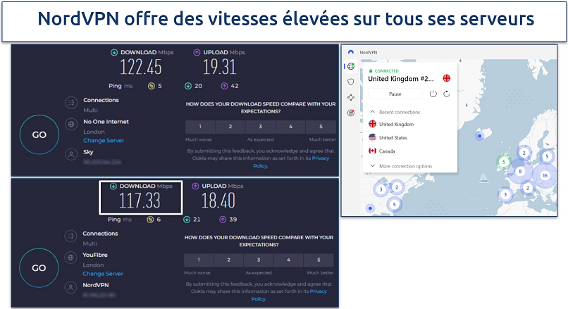 Capture d’écran des résultats du test de vitesse de NordVPN