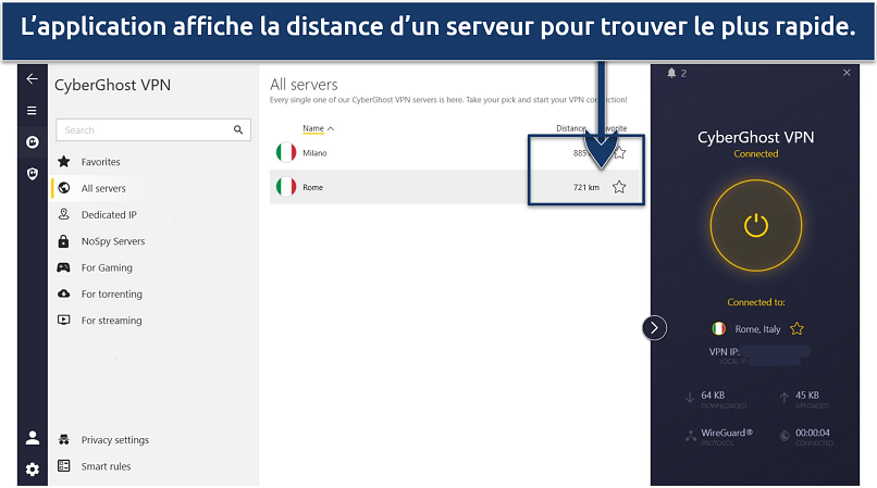 Capture d’écran de la liste des serveurs de CyberGhost montrant les serveurs italiens, avec CyberGhost connecté en Italie