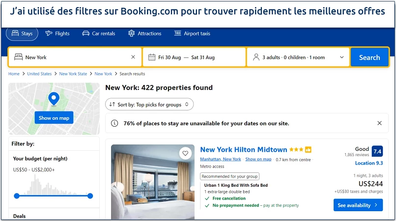 Une capture d’écran montrant la page d’accueil de Booking.com avec des options de filtre pour rechercher facilement un hôtel, un vol ou une voiture