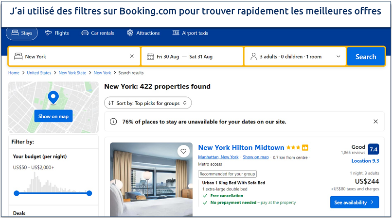 Une capture d’écran montrant la page d’accueil de Booking.com avec des options de filtre pour rechercher facilement un hôtel, un vol ou une voiture