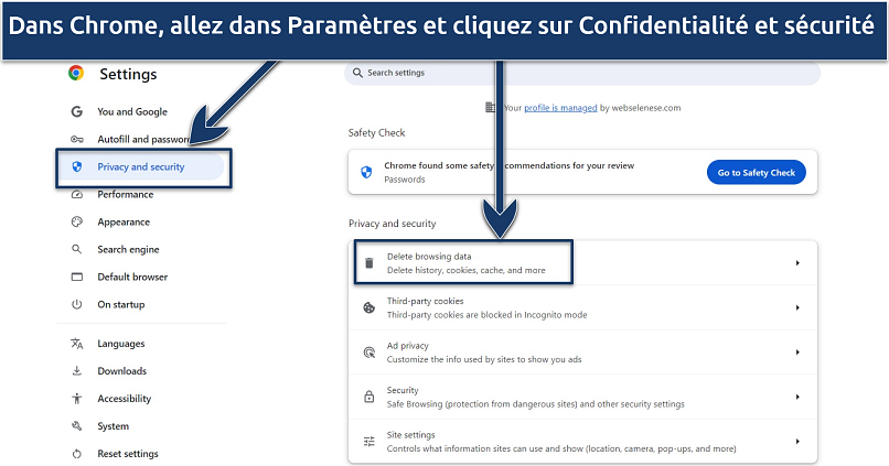 Une capture d’écran montrant comment effacer les cookies et le cache dans Chrome