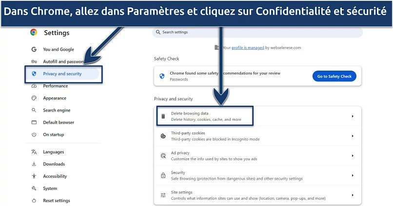 Une capture d’écran montrant comment effacer les cookies et le cache dans Chrome