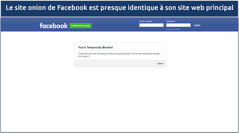 Image showing the landing page of facebook onion website