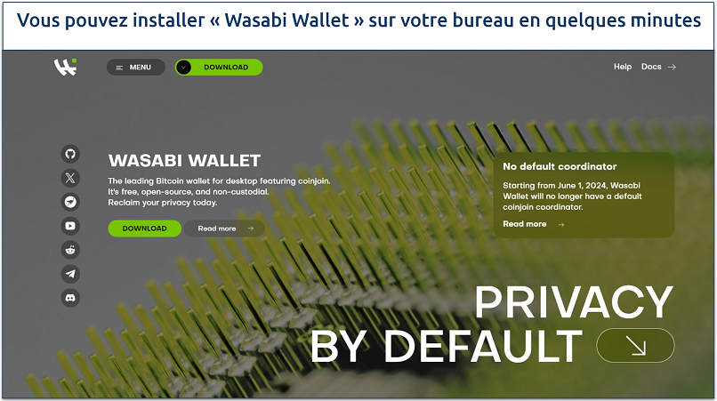 Image showing the landing page of Wasabi Wallet's onion website