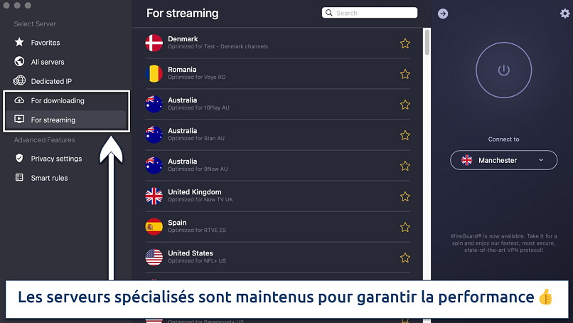 Capture d’écran montrant les serveurs spécialisés de CyberGhost