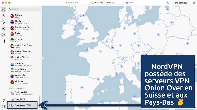 Capture d’écran montrant les serveurs VPN Onion Over de NordVPN