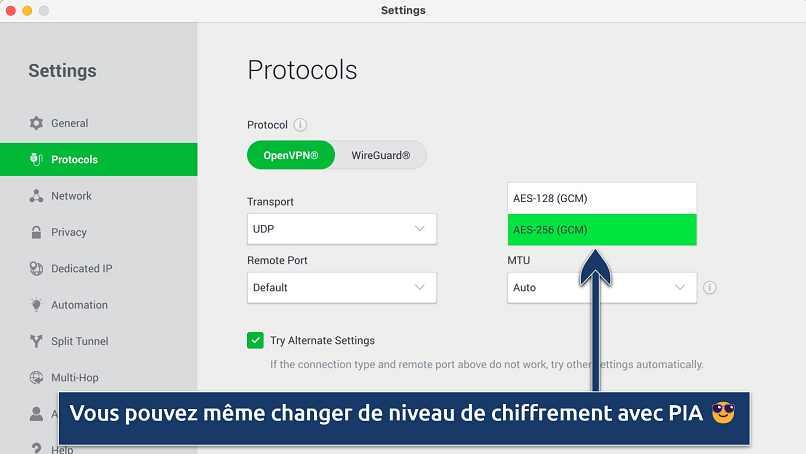 Capture d’écran montrant comment changer de niveau de chiffrement sur l’application PIA