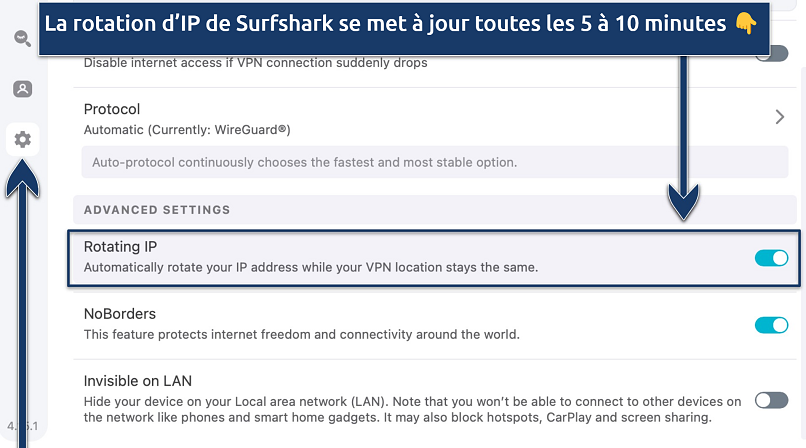 Capture d’écran montrant la fonction de rotation d’IP de Surfshark
