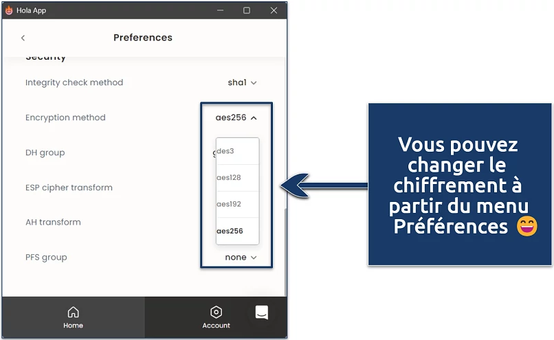 Capture d’écran montrant comment changer le chiffrement de Hola