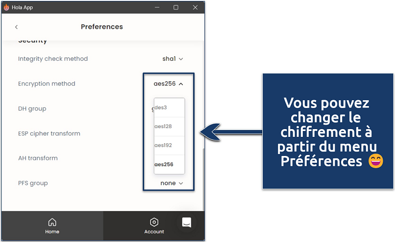 Capture d’écran montrant comment changer le chiffrement de Hola