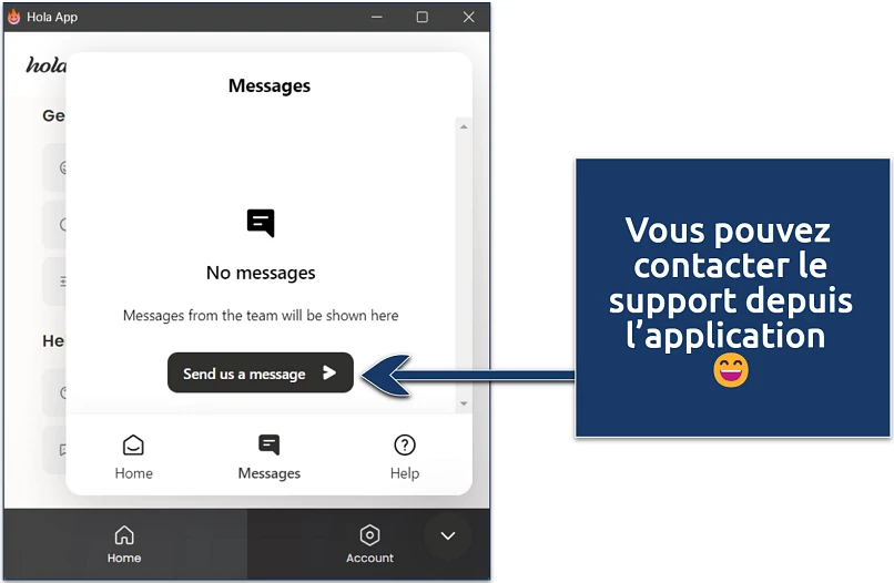 Capture d’écran montrant la fenêtre de message de Hola dans l’application