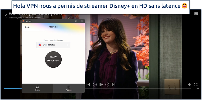 Capture d’écran de Disney+ en streaming avec Hola VPN connecté