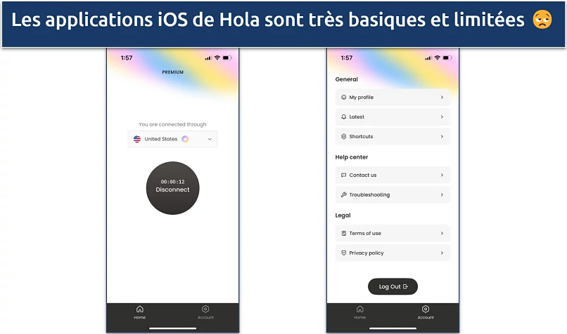 Capture d’écran de l’application iOS de Hola
