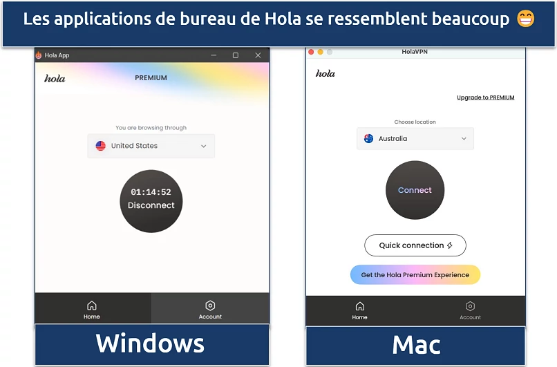 Capture d’écran des applications Windows et Mac de Hola