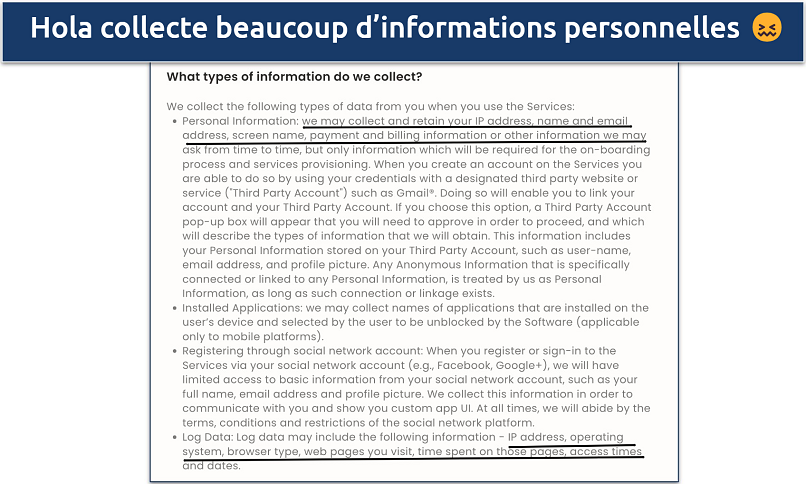 Capture d’écran de la politique de confidentialité invasive de Hola
