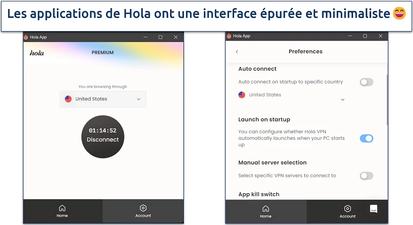 Capture d’écran de l’interface utilisateur de Hola
