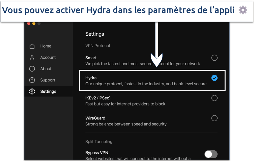 Screenshot showing how to enable Hotspot Shield's Hydra protocol