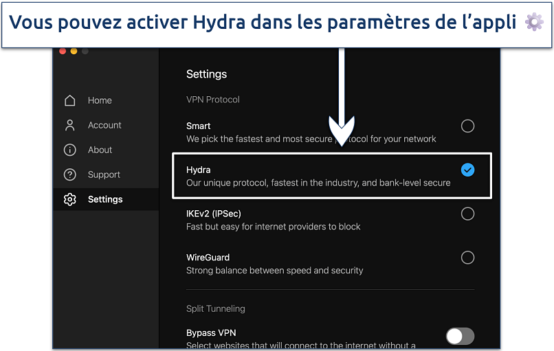 Screenshot showing how to enable Hotspot Shield's Hydra protocol