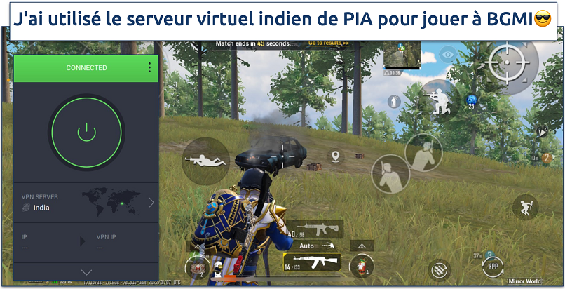 Screenshot of BGMI gameplay with PIA connected