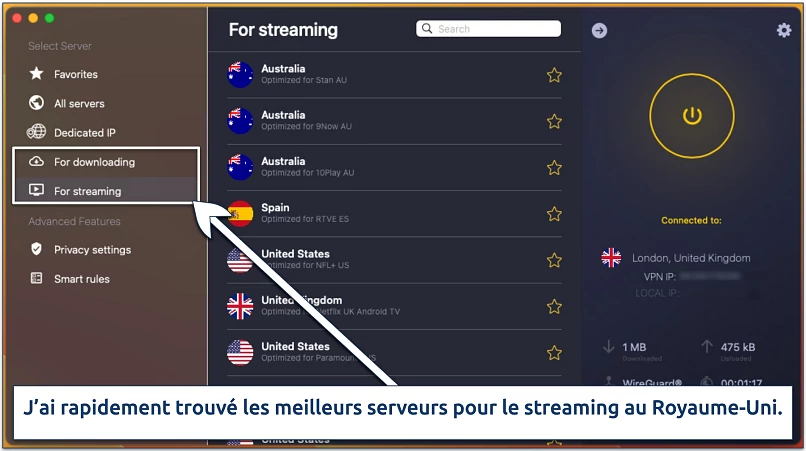 Capture d’écran des serveurs optimisés pour le streaming dans l’application macOS de CyberGhost