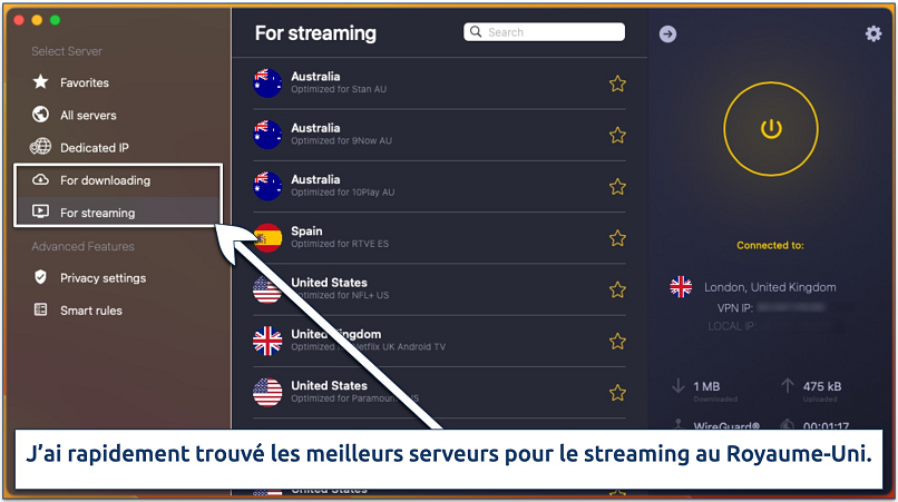 Capture d’écran des serveurs optimisés pour le streaming dans l’application macOS de CyberGhost