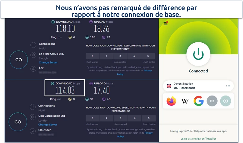 Capture d’écran d’un test de vitesse des serveurs britanniques d’ExpressVPN