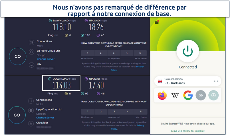 Capture d’écran d’un test de vitesse des serveurs britanniques d’ExpressVPN