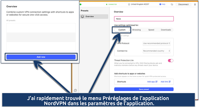 Capture d’écran de l’option Presets dans l’application NordVPN