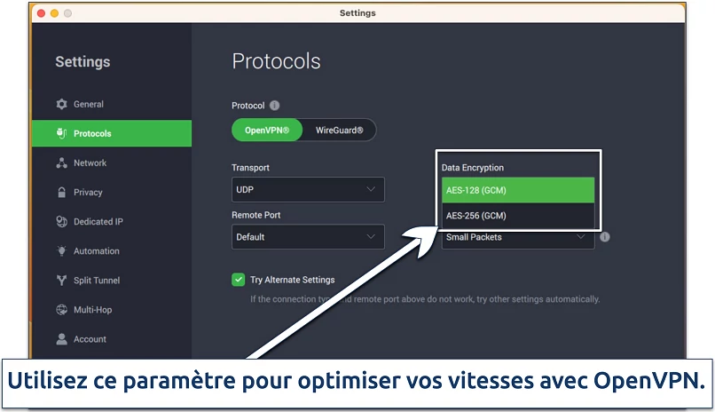 Capture d’écran des paramètres de PIA pour personnaliser le chiffrement et les protocoles