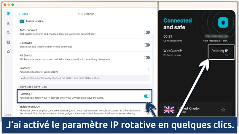 Capture d’écran de la fonction IP rotative dans l’application Surfshark