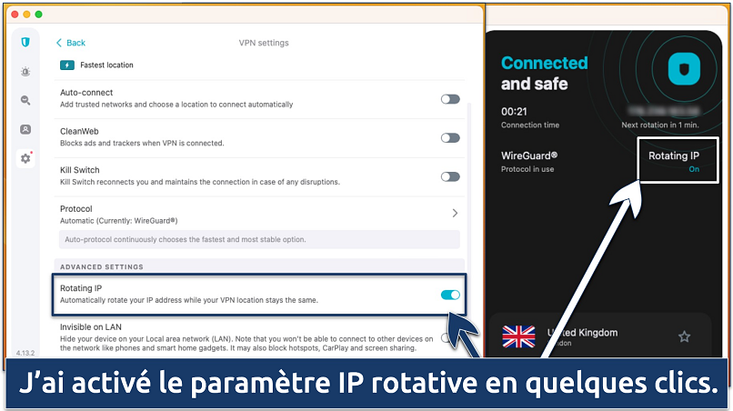 Capture d’écran de la fonction IP rotative dans l’application Surfshark
