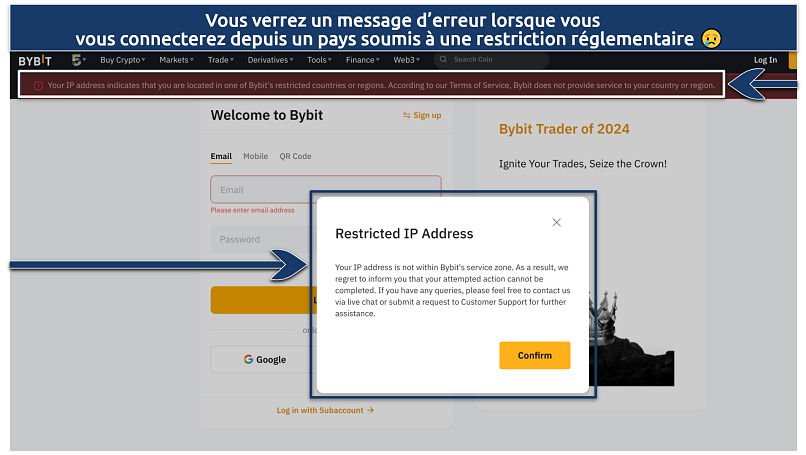 Capture d’écran du code d’erreur Bybit lors de la connexion depuis un pays soumis à une restriction réglementaire