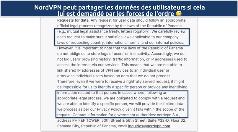 Screenshot of NordVPN's privacy policy showing it may share user data is requested