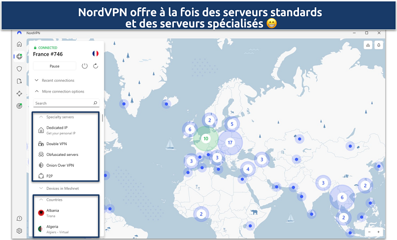 Screenshot of NordVPN's Windows app highlighting the specialty and regular servers
