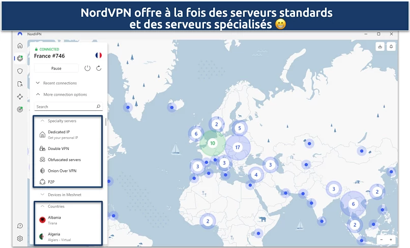 Screenshot of NordVPN's Windows app highlighting the specialty and regular servers