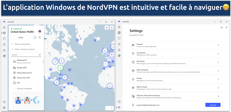 Screenshot of NordVPN's Windows app showing the app server page and the settings page