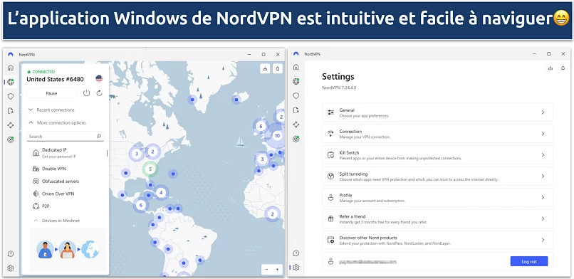 Screenshot of NordVPN's Windows app showing the app server page and the settings page