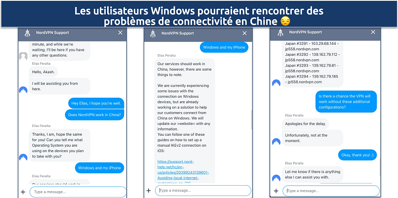 Screenshot of a chat with NordVPN support regarding the VPN's connectivity in China