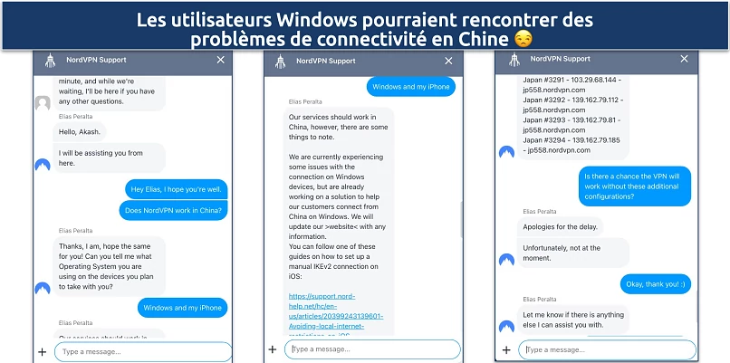 Screenshot of a chat with NordVPN support regarding the VPN's connectivity in China